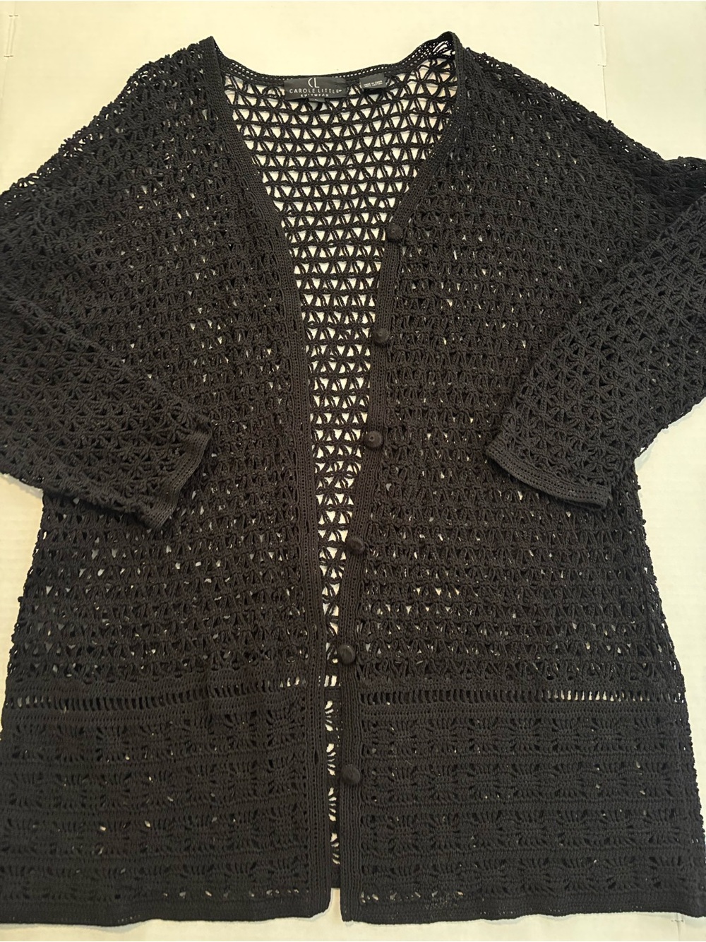 Carole Little Black Openwork Crochet Button-Front Cardigan